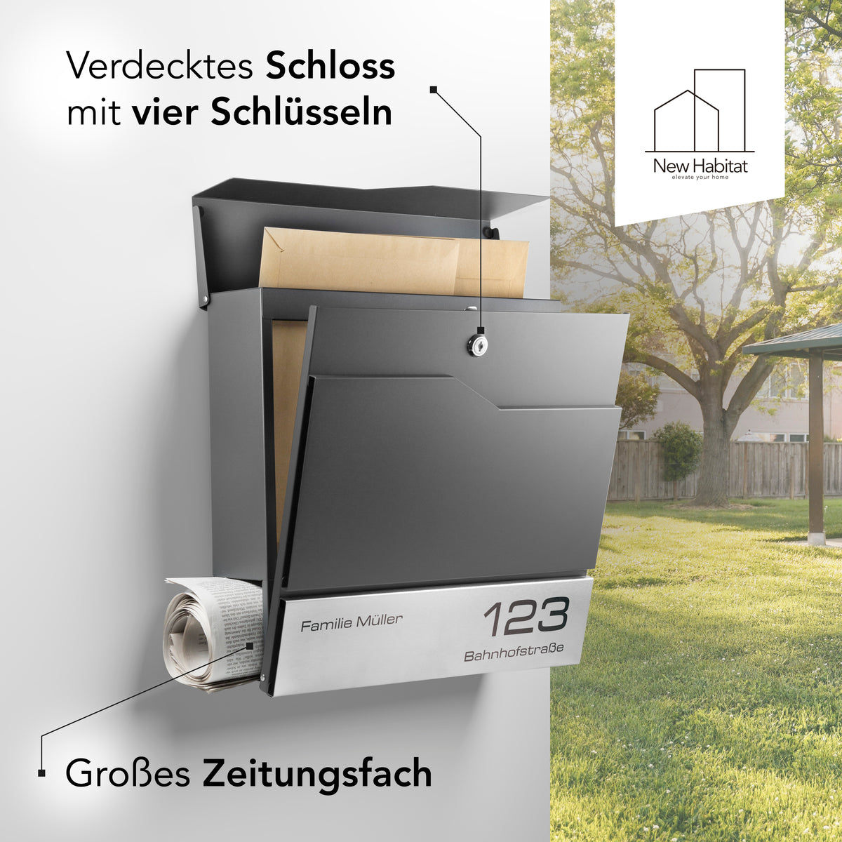 Briefkasten Tokio mit Gravur — schlichtes Edelstahl-Design personalisiert